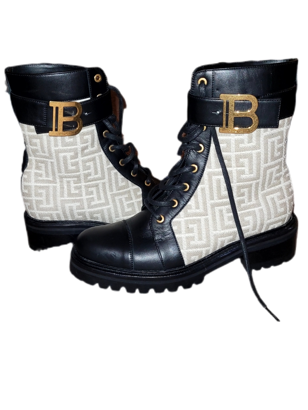 Balmain Black Leather & Beige Monogram Combat Boot with Gold 'B' - Picture 5 of 10